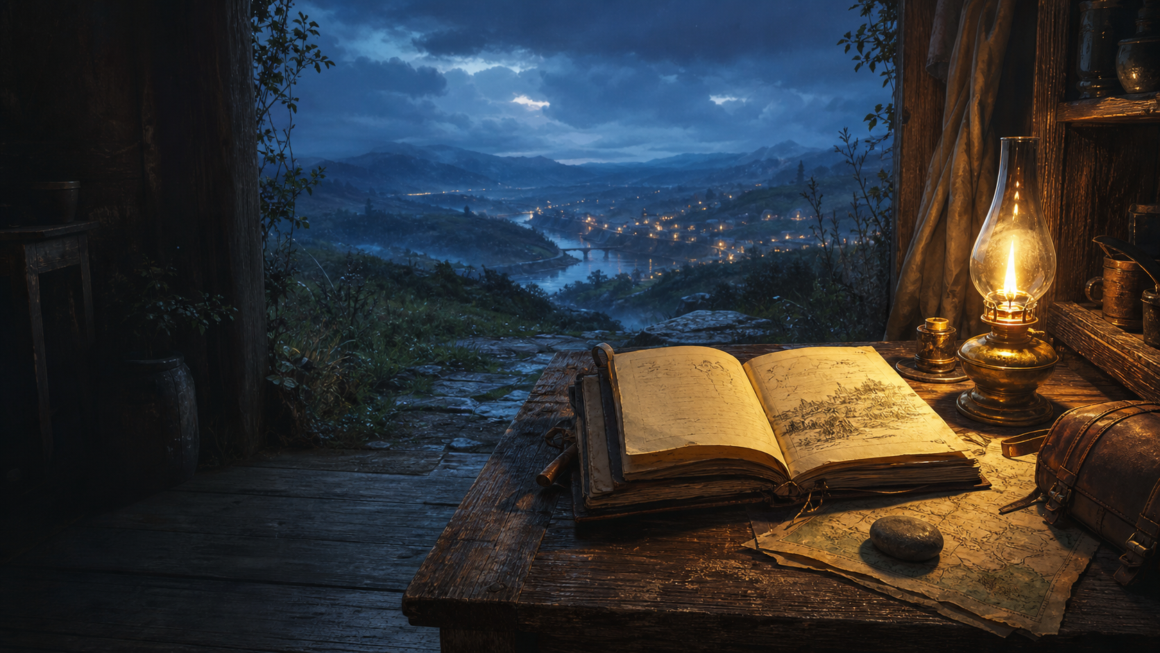An open manuscript and oil lamp looking out across a rain-dark valley at blue hour.